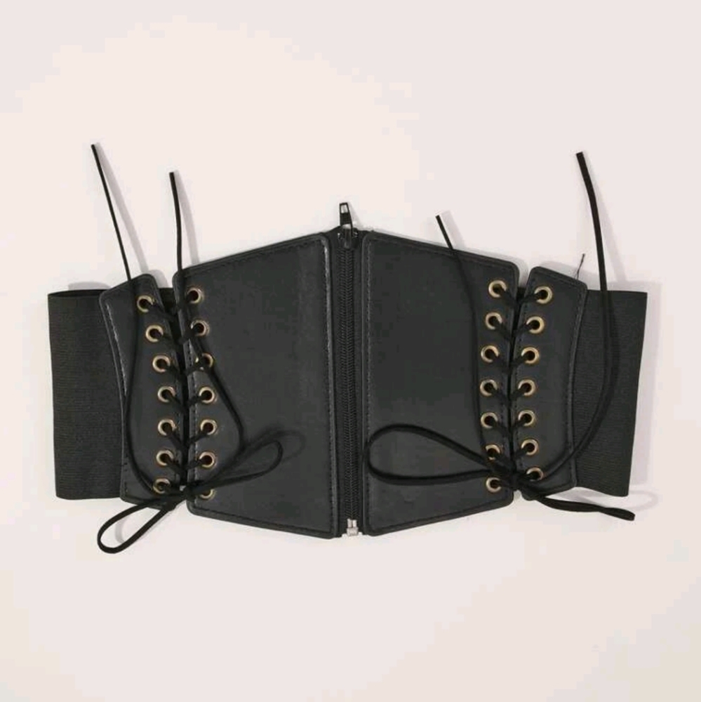 Corset Belt Black Leather Zipper Gothic Biker Cosplay Lolita Lace Up - Picture 3 of 6